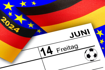Deutscher Kalender und Fussball  Datum 14. Juni 2024 und Flagge