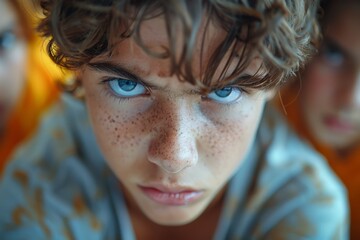 Close-up image of a boy with intense blue eyes, looking directly into the camera - obrazy, fototapety, plakaty
