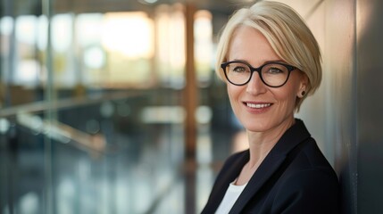 a business woman wearing glasses and a jacket is posing for a photo