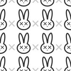 Beautiful abstract and stylish modern black and white silhouettes of rabbit head with crosses and nose isolated on black background seamless static pattern for gift wrapping, textile, print texture