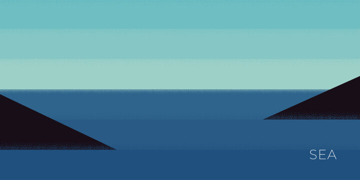 Abstract retro minimal summer travel horizontal banner. Black rocks in sea on holiday vintage poster. Simple creative ocean shore illustration on trendy minimalist placard. Summertime journey design
