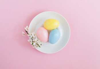 Colored easter eggs in the white plate and white flowering tree branch on the pink background. Top view. Copy space.