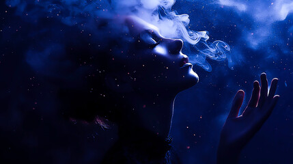 An abstract depiction of a woman fading into dust amid luxurious surroundings, marked by intense lighting, deep shadows, and shimmering particles.