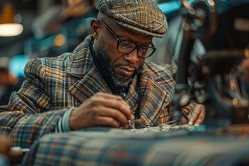 A fashionable man deeply focused on a game of chess, with a carefully curated vintage style surrounding him - obrazy, fototapety, plakaty