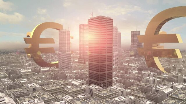 Euro Currency Symbols in The Middle Of A Metropolitan City. City Related 3D Animations.
