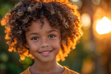 Warm sunset backdrop with a smiling child's face framed by curly hair