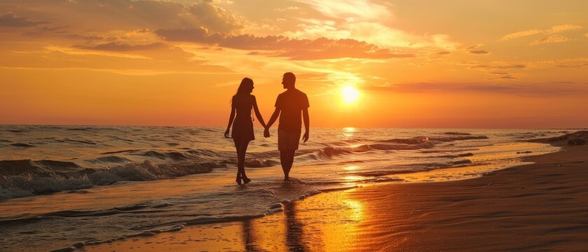 A couple enjoying a romantic walk along the shore at sunset