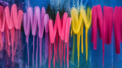 colorful wall with graffiti spray strokes. Pink, purple, yellow, blue  color splash, flows, streaks of paint and paint sprays
