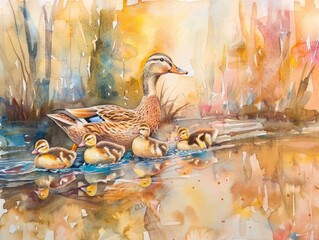 A mother duck leading her ducklings across a pastel watercolor pond