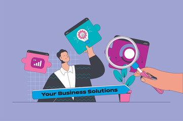 Business solution concept in modern flat design for web. Man searching new ideas, analysis plan and making research, brainstorming. Vector illustration for social media banner, marketing material.