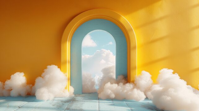 A 3D rendering of an abstract background where ethereal white clouds float outside a vivid blue arch set against a warm yellow wall.