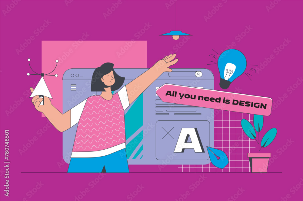 Poster web design concept in modern flat design. woman creating wireframe interface and responsive homepage