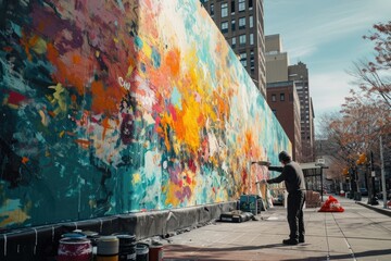 A painter paint wall, A painter working on a large mural in the middle of a city, AI generated