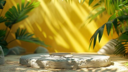 A beautifully sunlit tropical scene featuring a stone podium for product presentations, surrounded by lush palm leaves creating a vibrant and exotic background.