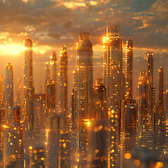 Fototapeta premium Gold, crown, royal elegance, a futuristic cityscape where towering skyscrapers are adorned with shimmering gold accents