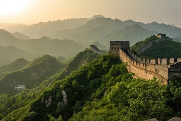 Great Wall of China, A panoramic view of the Great Wall of China during the golden hour, Ai generated
