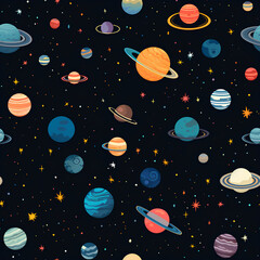 Fototapeta na wymiar Seamless Space Pattern, Colorful Planets on Dark Background, Astronomy Themed Fabric Design