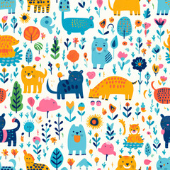 Cute Animal and Floral Pattern, Colorful Children’s Illustration, Nature and Wildlife Theme