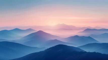 The mountain landscape is serene with a pastel evening sky and a full moon that exudes softness and serenity.