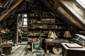 A treasure trove of artifacts in a forgotten attic, bygone era of exploration. - obrazy, fototapety, plakaty