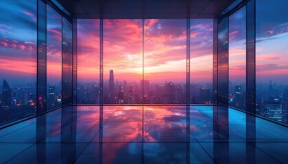 A city skyline is reflected in a large window by AI generated image
