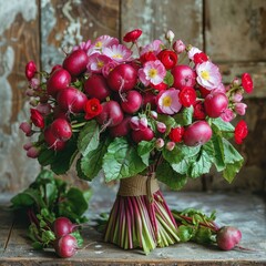 Charming Bouquet of Red Radishes with Pink Flowers on Rustic Wooden Surface