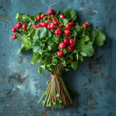 Fresh Vibrant Red Radishes with Green Tops Tied in a Bunch on Blue Surface