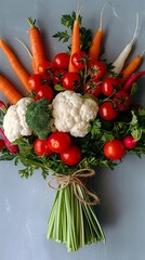 Vibrant Bouquet of Mixed Vegetables with Carrots and Radishes on Grey Backdrop
