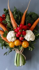 Colorful Assortment of Fresh Vegetables Tied in a Bundle on a Grey Background