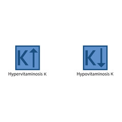 Icons of Hypervitaminosis and Hypovitaminosis K - excess and deficit of vitamin K - simple icon illustration.
