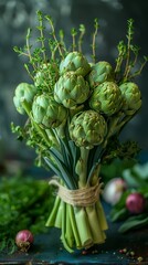 Fresh Green Artichokes Tied in a Bundle with Twine on a Rustic Table