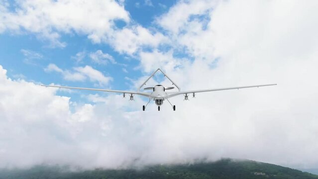 Bayraktar TB2 Unmanned aerial vehicle gliding through the clouds.  Bayraktar TB2, High-Altitude Long-Endurance, Unmanned Combat Aerial Vehicle made by Baykar Tech.