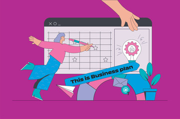 Business planning concept in modern flat design for web. Woman scheduling company tasks and targets in calendar, sets financial goals. Vector illustration for social media banner, marketing material.