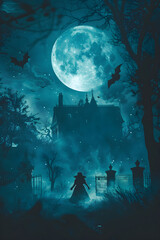 Moonlit Graveyard Dance Silhouette in Retro 80's Neon - Haunted House and Bats in Stormy Sky