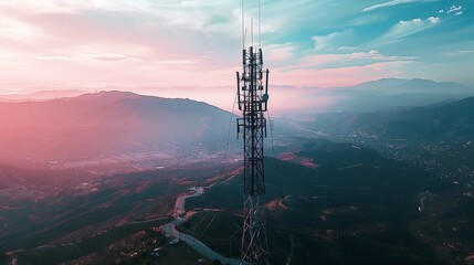 Telecommunication tower at dusk / Twilight Signals: Telecommunication Tower Overlooking Scenic Valley - obrazy, fototapety, plakaty