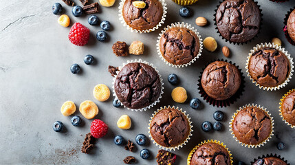 freshly baked muffins with berries seen from above on a plain background with copy space wallpaper - obrazy, fototapety, plakaty