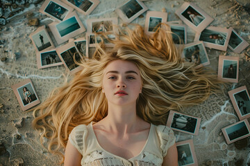 blonde women is lying on the photos. - obrazy, fototapety, plakaty
