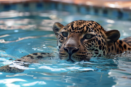 leopard swims in the water of the pool. concept of the power of sport