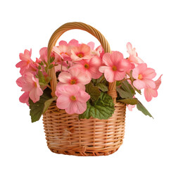 Pink flowers in a wicker basket on transparent background