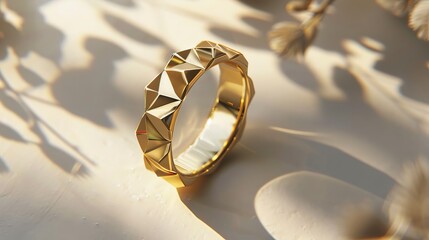 Elegant golden ring design on a soft backdrop. A luxurious and intricately designed 18K golden with 316L Stainless steel ring stands out against a creamy, soft background, bathed in gentle light