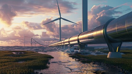 Cutting-edge hydrogen pipeline alongside towering wind turbines, vibrant future tech, 4K clarity