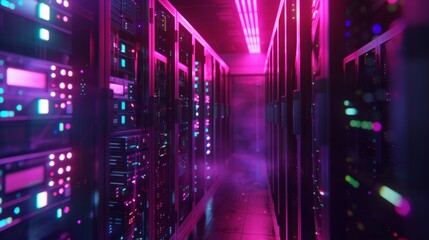 Data facility features server racks in a dim setting, vibrant LED lights emphasizing storage details, 4K - obrazy, fototapety, plakaty