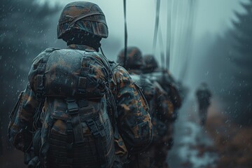 A squadron of soldiers presses forward through a downpour, focusing on their determination and the inclement weather's impact - obrazy, fototapety, plakaty