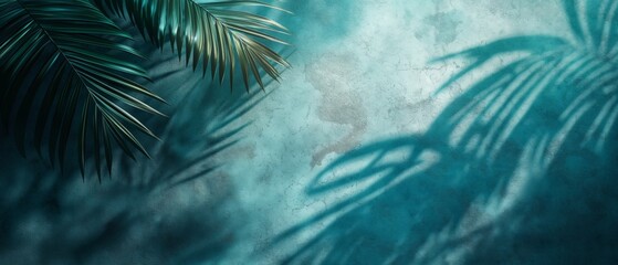 A palm leaf's shadow on a textured blue backdrop.