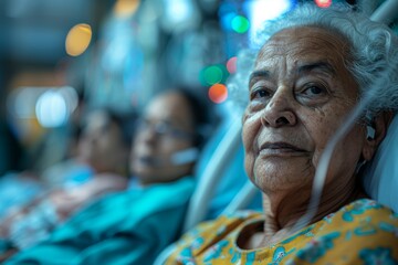 An elder woman with white hair lying in a hospital bed showing resilience and wisdom in her expression