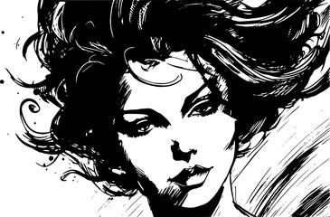 Woman portrait in hand drawing or engraving style. 60s styled beautiful comic book character in black and white.