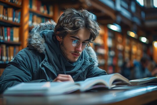 A reader is deeply engrossed in a book, with the warm, comforting backdrop of library shelves filled with books