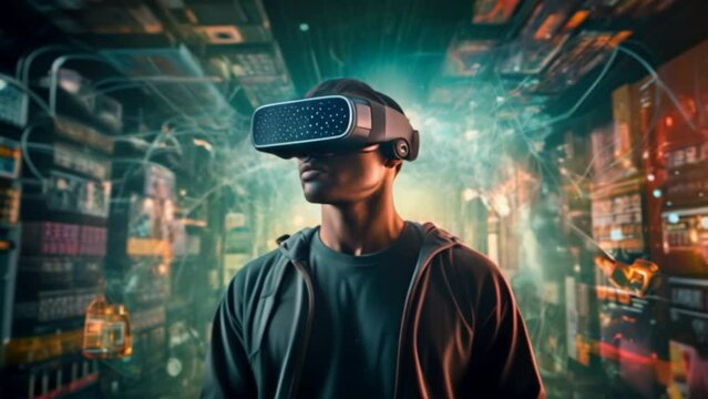 man wearing a VR headset designs a detailed virtual world. On the background is full of floating codes. Reflects the complexity of the work