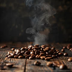 Zelfklevend Fotobehang Smoke rising from coffee beans on wooden table, enhancing aroma for dish © Nadtochiy