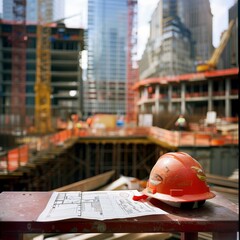 a construction helmet rests atop a set of blueprints, surrounded by various architectural tools and building plans
